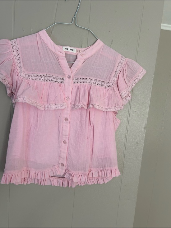 Day + Moon Tops - Day + Moon Pink Lace-Trim Ruffle Blouse